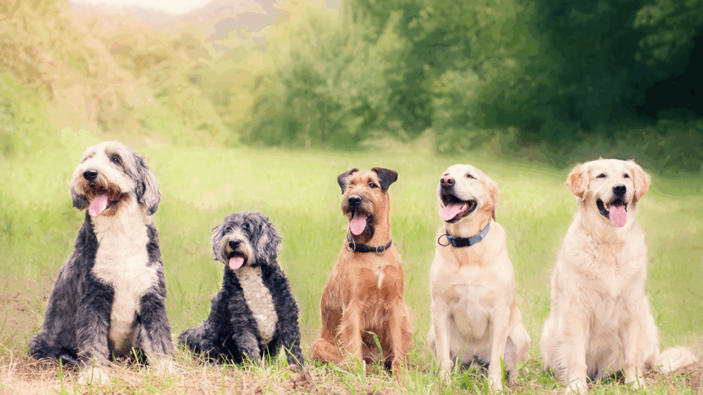 Five dogs sitting in a grassy field, happily panting.