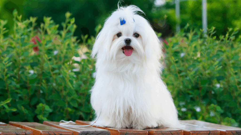 A fluffy white dog with a blue bow on its head sitting on a bench.